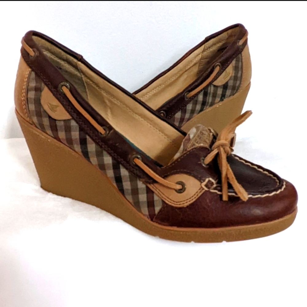 Sperry Top-Siders Leather and Plaid Lace Detail Boat Shoe Wedges